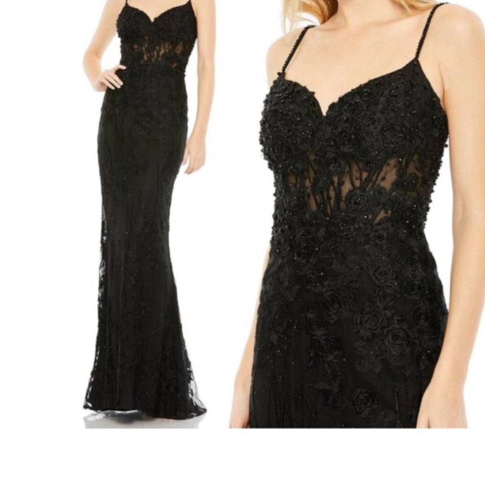 Mac Duggal Size 10 Black Floral Embroidered Corset Maxi‎ Gown Dres